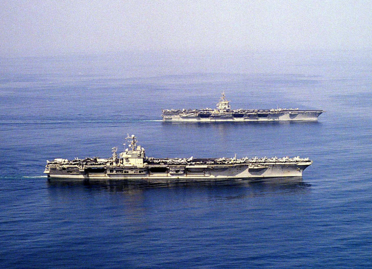 USS Enterprise and USS Carl Vincent on patrol in the Persian Gulf, public domain, accessed via Wikimedia Commons