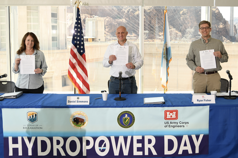 Reclamation Commissioner Brenda Burman, Assistant Secretary Office Energy and Efficiency and Renewable Energy Daniel Simmons and Principal Deputy Assistant Secretary for Civil Works Ryan Fisher with signed MOU.