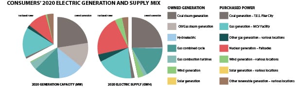 In 2020, Consumers Energy owned a total 5,350 MW of generation, which produced a total 14,983 GWh. Additionally, it purchased 2,577 MW, resources that generated a total 16,982 GWh. Source: POWER/Consumers Energy